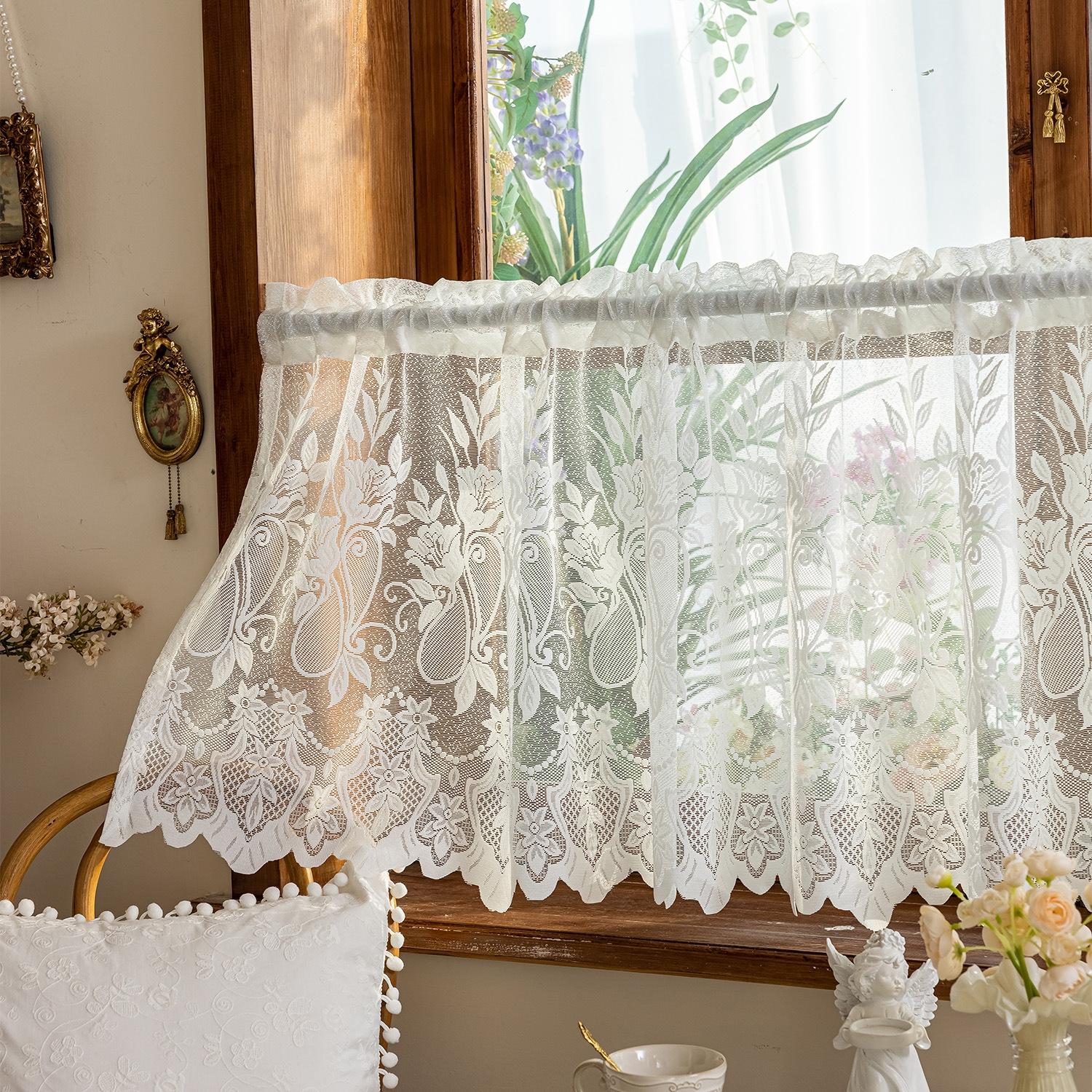 Vintage Geborduurde Kant Korte Gordijn, Woonkamer Decoratie, Eetkamer, Slaapkamer, Frans, Afgewerkte Gordijnen, Romantische Atmosfeer W100xH60cm&Rod pocket wit