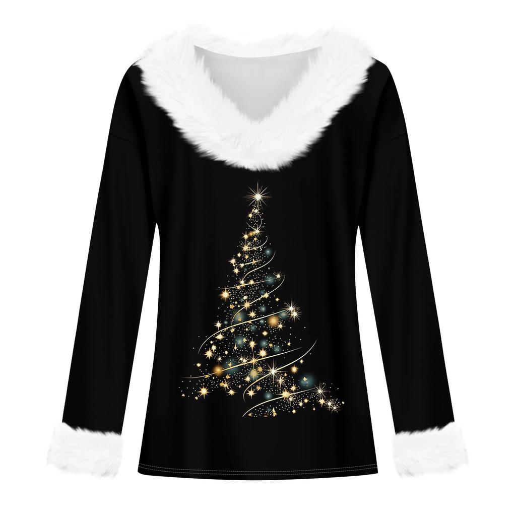 Women's Fashion Long Sleeve Christmas V-Neck Printed Party Furry Top