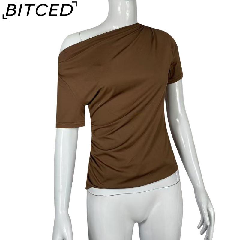 BITCED Spring/Summer Women's Slim-Fit Pleated Asymmetric Hem Short-Sleeved T-Shirt Top