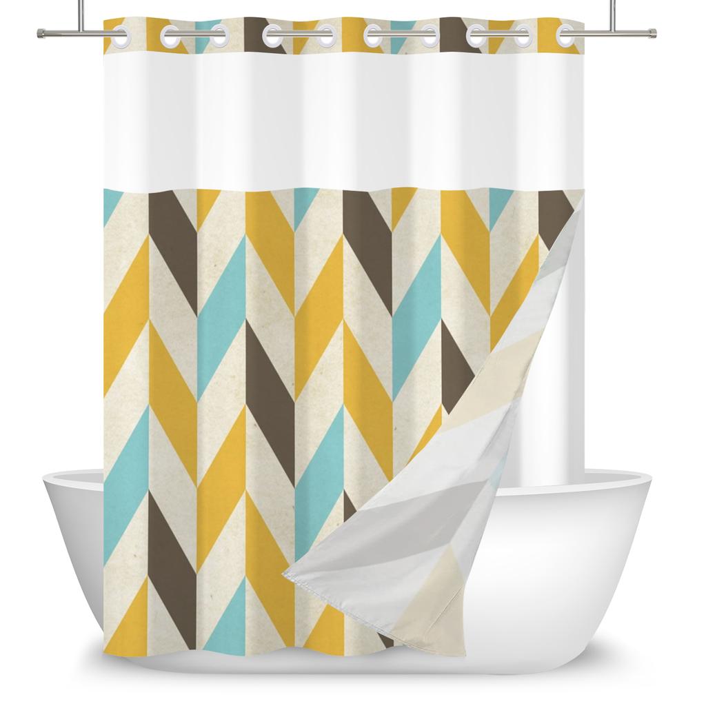 Hookless Double Layer Shower Curtain Geometric Pattern Printed Removable Lined Bathtub Waterproof Bathroom Curtains Decoration