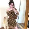 French Plaid Slanted Shoulder Long-sleeved Dress Women's Autumn New Beautiful Temperament Waist Thin Ruffle Edge Short Skirt