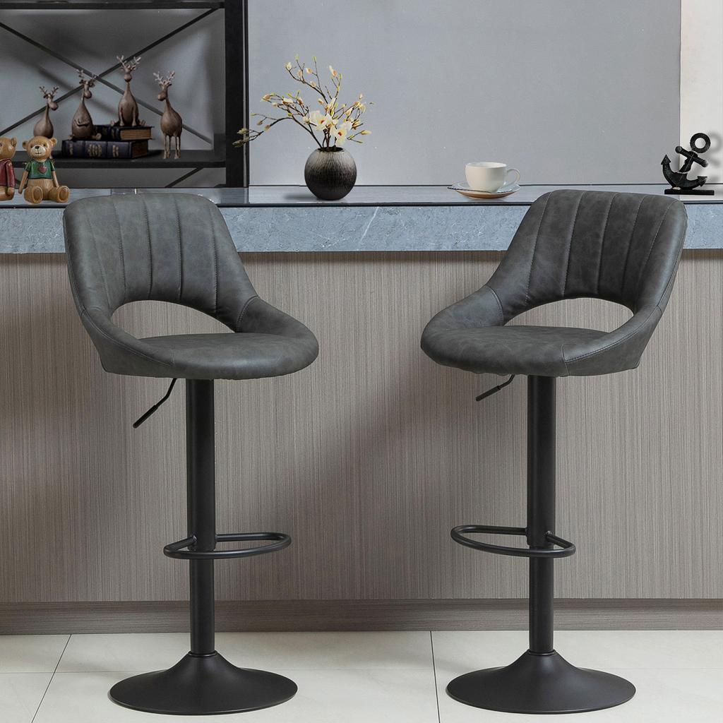 Bar Stool Set of 2, Faux Leather Look, Swivel, Height Adjustable, Footrest, Metal Frame, 47 x 52 x 87-109 cm, Grey