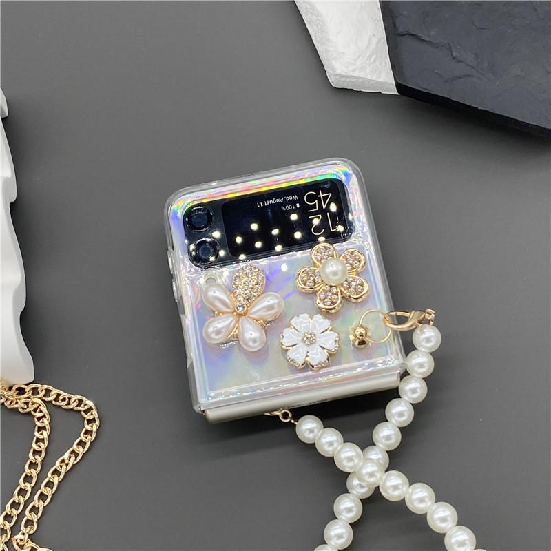 For Samsung Galaxy Zflip 3 5g Zflip 4g 5g Zflip 4 Fashion Diamond Flower Perfume Bottle Pearl Hand Chain Flash Laser Card Case