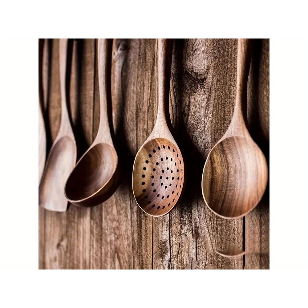 Juego de utensilios de cocina de madera de alta calidad - mango, cuchara de madera natural, espátula para cocinar, cuchara para sopa, espátula especial para sartenes antiadherentes
