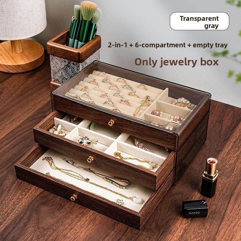 

1pcs Walnut Wood Grain Jewelry Box High-end New Three-layer Necklace Earring Arrangement Jewelry Storage Box
