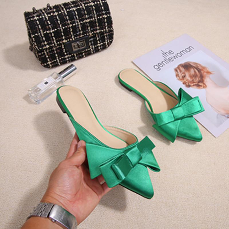 Fashion Silk Pointed Toe Flat Slippers Women's Outer Wear Summer Net Red All-match Fashion Bow Baotou Sandals and Slippers
