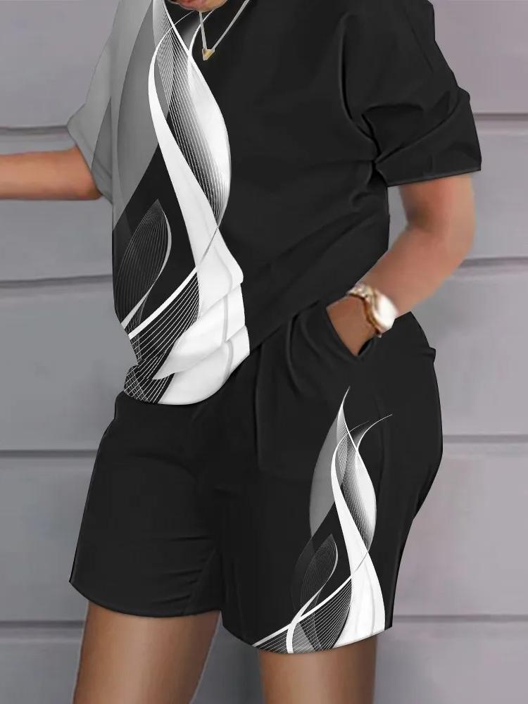 Casual Top & Shorts Set Sets Casual Short Sleeve Tshirt Outfit Women Summer Gradient 3D Print Pocket Short Sets Suit Female T Shirt Shorts