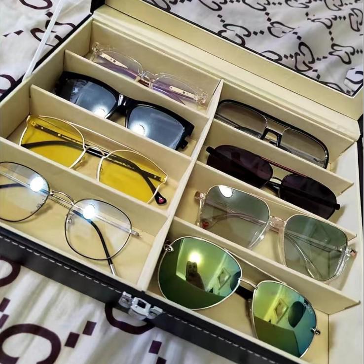 Leather Sunglasses Storage Box with 8 Compartments - Fashionable Multi-Compartment Display for Large Glasses