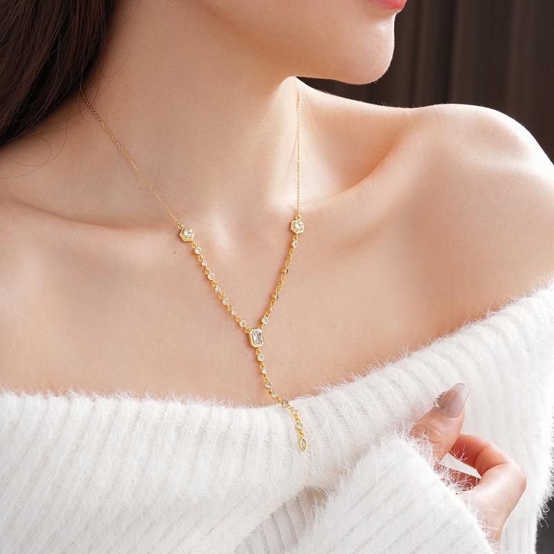 Gold Electroplated Oval Zircon Tassel Necklace - Korean Light Luxury, High-End Sweater Chain, European & American Style for Women