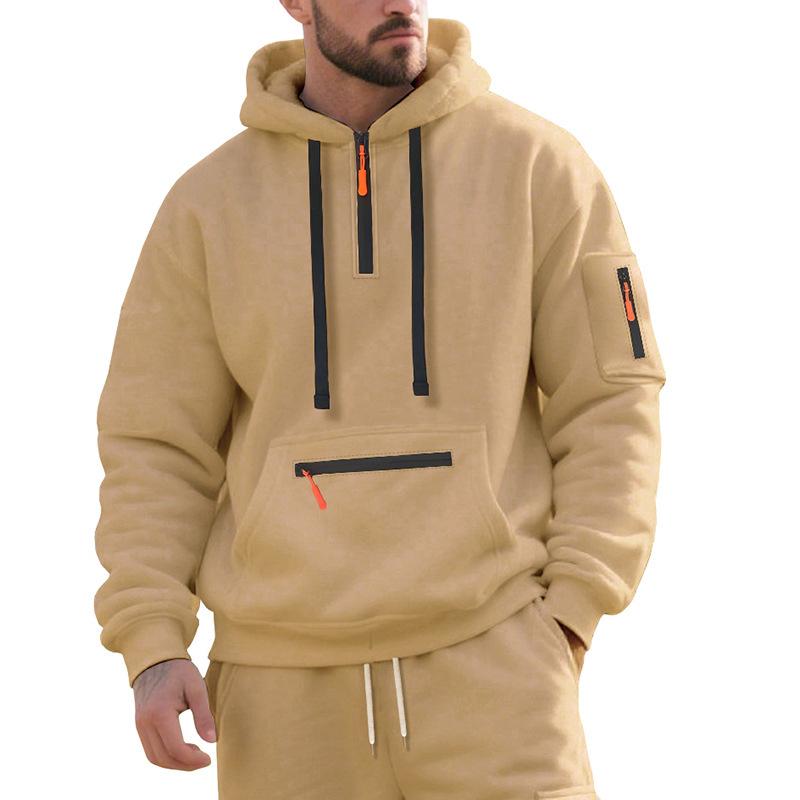 Men's Autumn/Winter Hooded Pullover Sweatshirt with Pockets and Thickened Velvet, Casual Sportswear