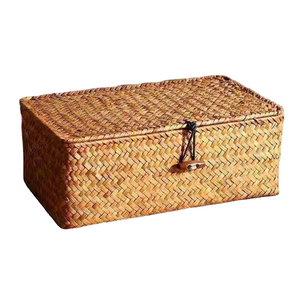 Hand-Woven Straw Storage Box with Lid Natural Rattan Organizer Basket for Home Office Decor Vintage Style Decorative Bin