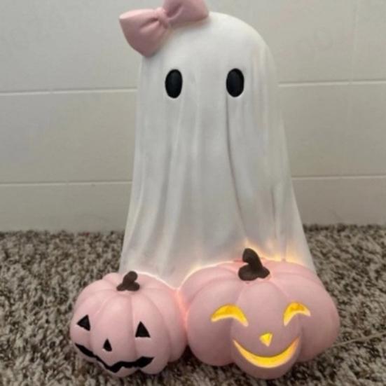 Розовая статуэтка тыквы-призрака на Хэллоуин, милая жуткая скульптура призрака, смола, настольное украшение, Хэллоуин, украшение для офиса, дома