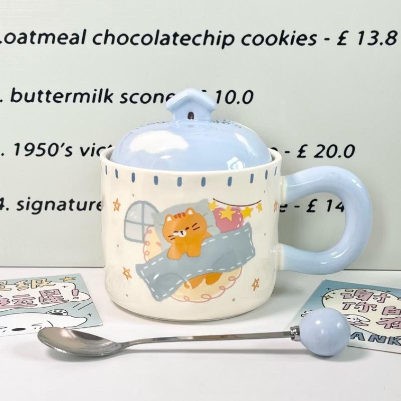 Cupa ceramică pisică drăguță de desene animate cu capac cuplu băiat și fată cană de birou cupă de băut cadou de ziua de naștere