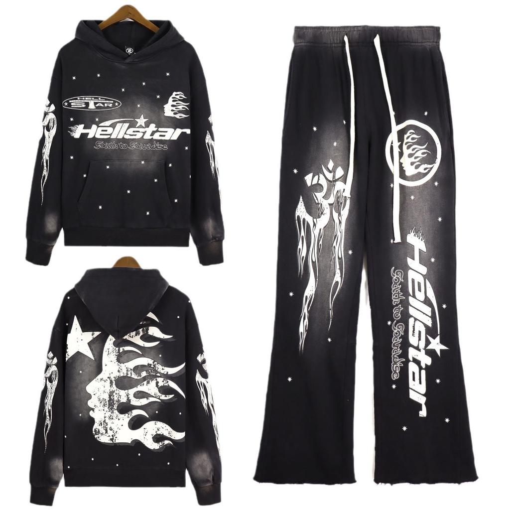 Hellstar Retro Washed Distressed Mud Print Sweatpants & Hoodie Set 