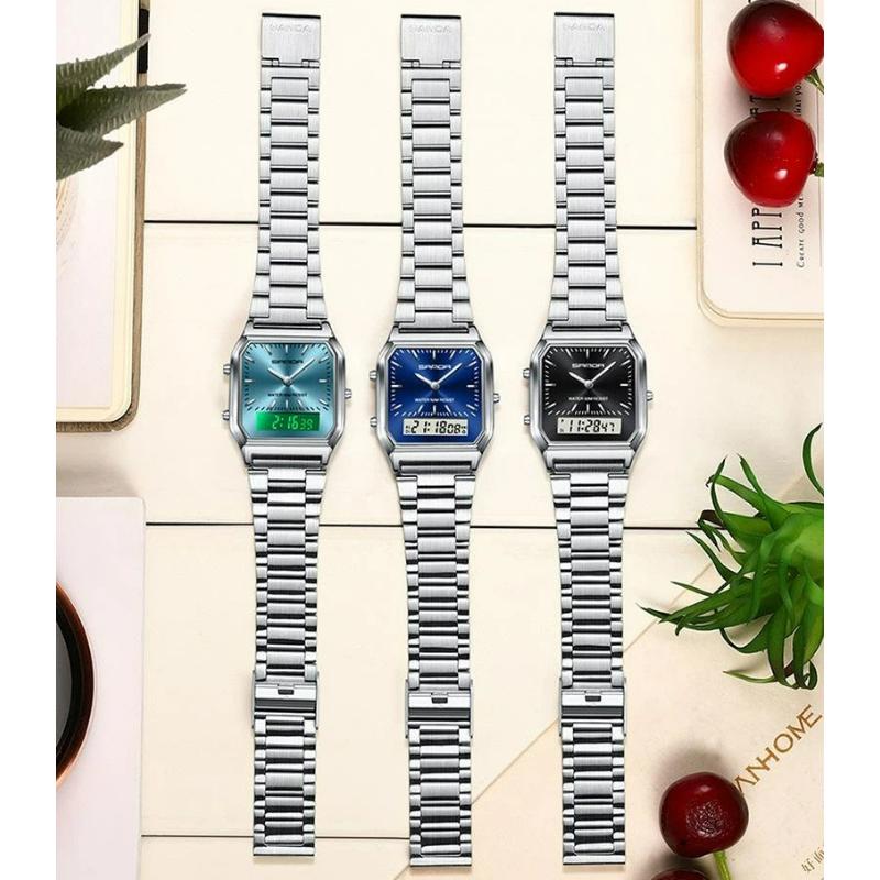 SANDA Neutral Dual Display Clock Waterproof Sports Quartz Watch Luxury Women's Stainless Steel Digital Electronic Watch
