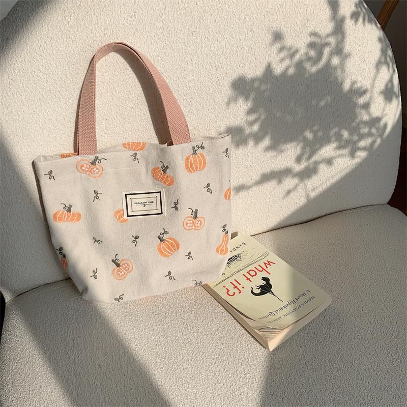 Trendy Canvas Tote Bag With Pumpkin Embroidery Large Capacity Beige Handbag