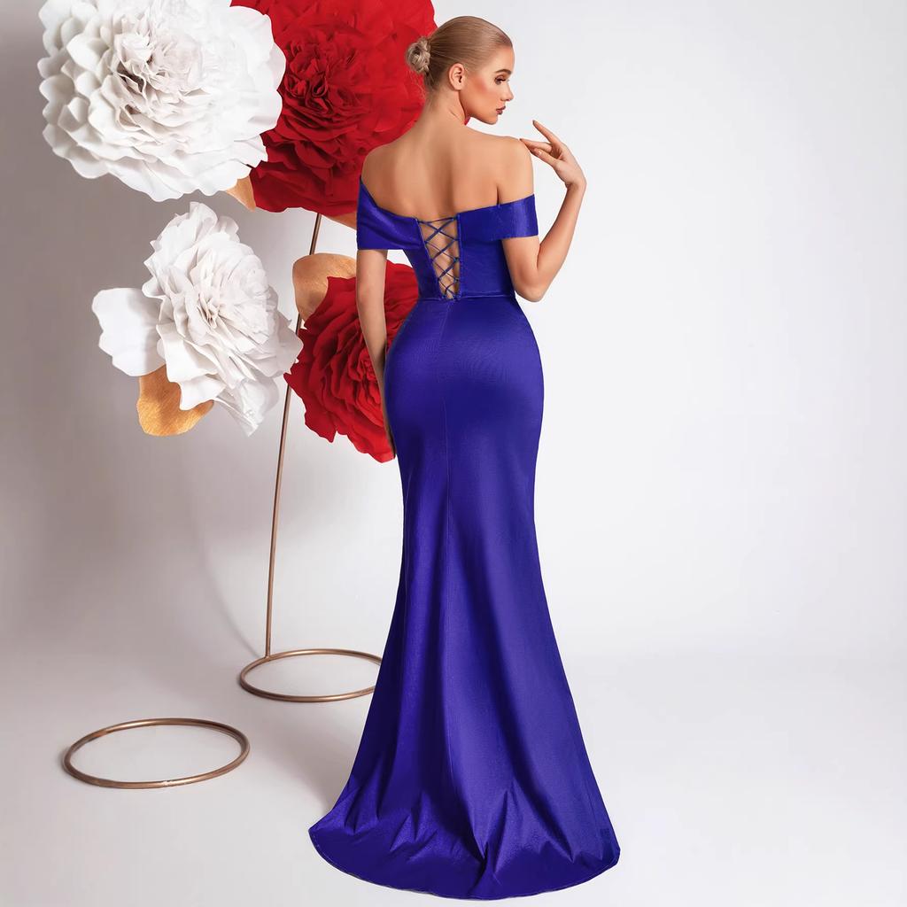 New European and American style one-word shoulder evening dress, high-end banquet celebrity temperament harpoon tail split dress