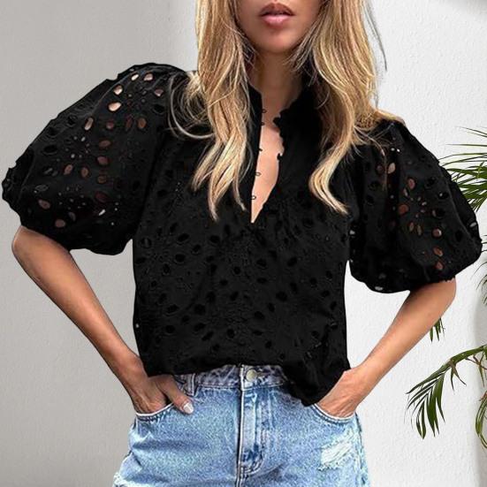 

Women Tops V-Neck Puff Short Sleeves Hollow Out Crochet Shirt Solid Color Loose Fit Blouse S зелений