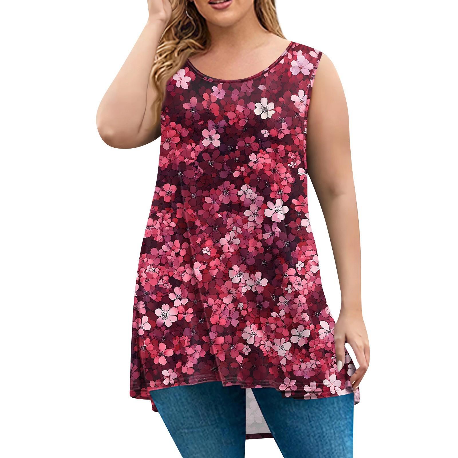 

Женская мода большого размера с круглым вырезом без рукавов повседневный свободный пуловер с принтом XXXXXL красный