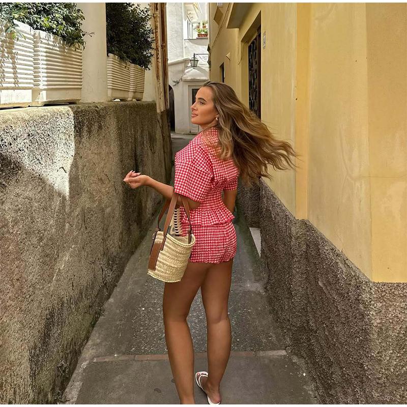 Completo Camicia a Maniche Corte a Quadri con Vita Stretta e Maniche a Bolla Pantaloncini Slim Fit con Decorazione in Pizzo Nuovo Outfit Estivo da Donna