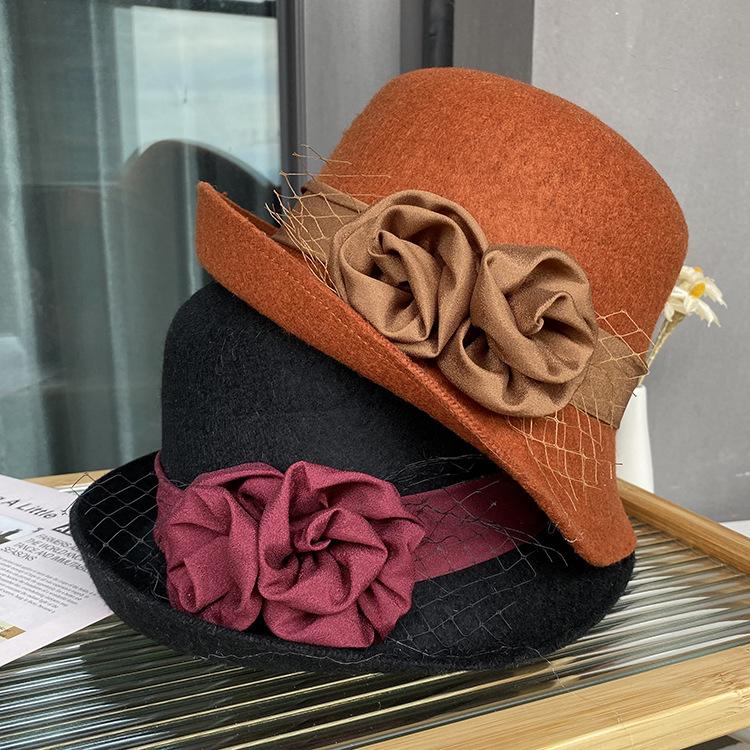Autumn And Winter Satin Flower Woolen Hat Women'S Dome Curled Top Hat Women'S British Retro Bucket Hat