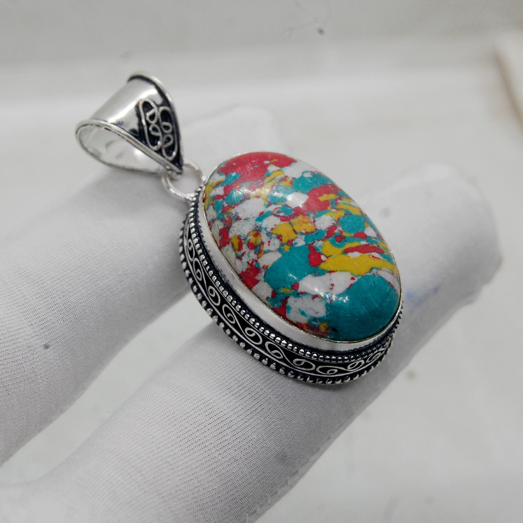

Oyster Yellow Blue Turquoise Gemstone Sterling Pendant, Handmade Boho Style Turquoise Pendant