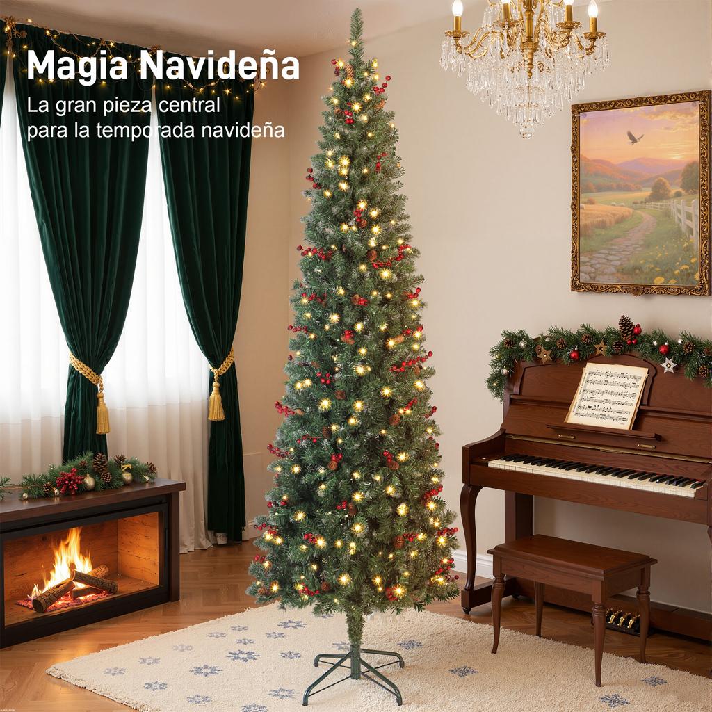 Narrow Artificial Christmas Tree 230 Cm with LED Lights 7 Lighting Modes 761 Branches Pine Cones Berries and Stand Green