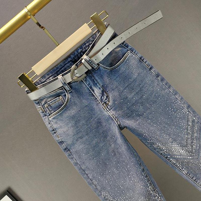 Ladies Heavy Industry Rhinestone Skinny Jeans  Spring  Elastic High Waist Thin Women Clothes Korean Fashion Nine Pants