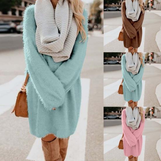 Chic Women Autumn Solid Color O Neck Sweater Fluffy Loose Knee-length Dress