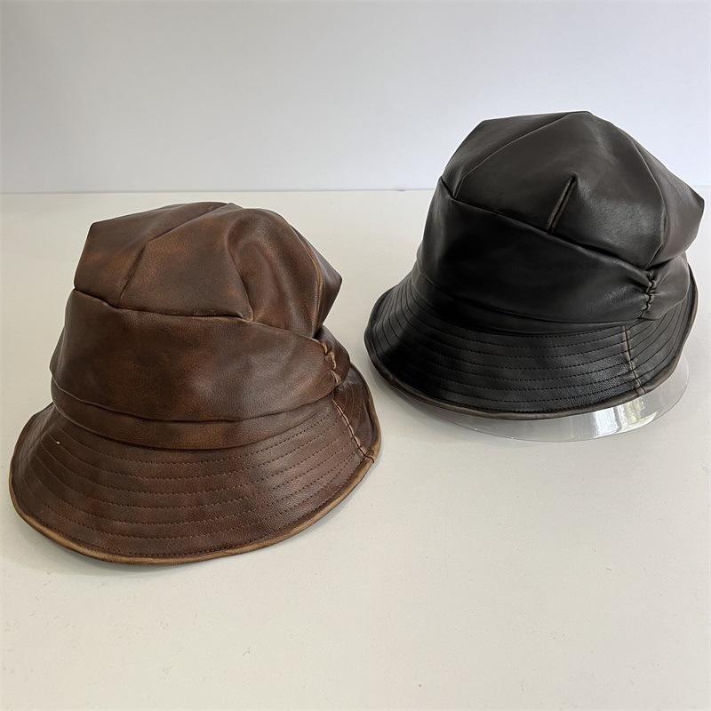 

Warm pleated hood Children s autumn and winter leather bucket hat Versatile basin hat Small octagonal hat M（56-58cm） коричневий