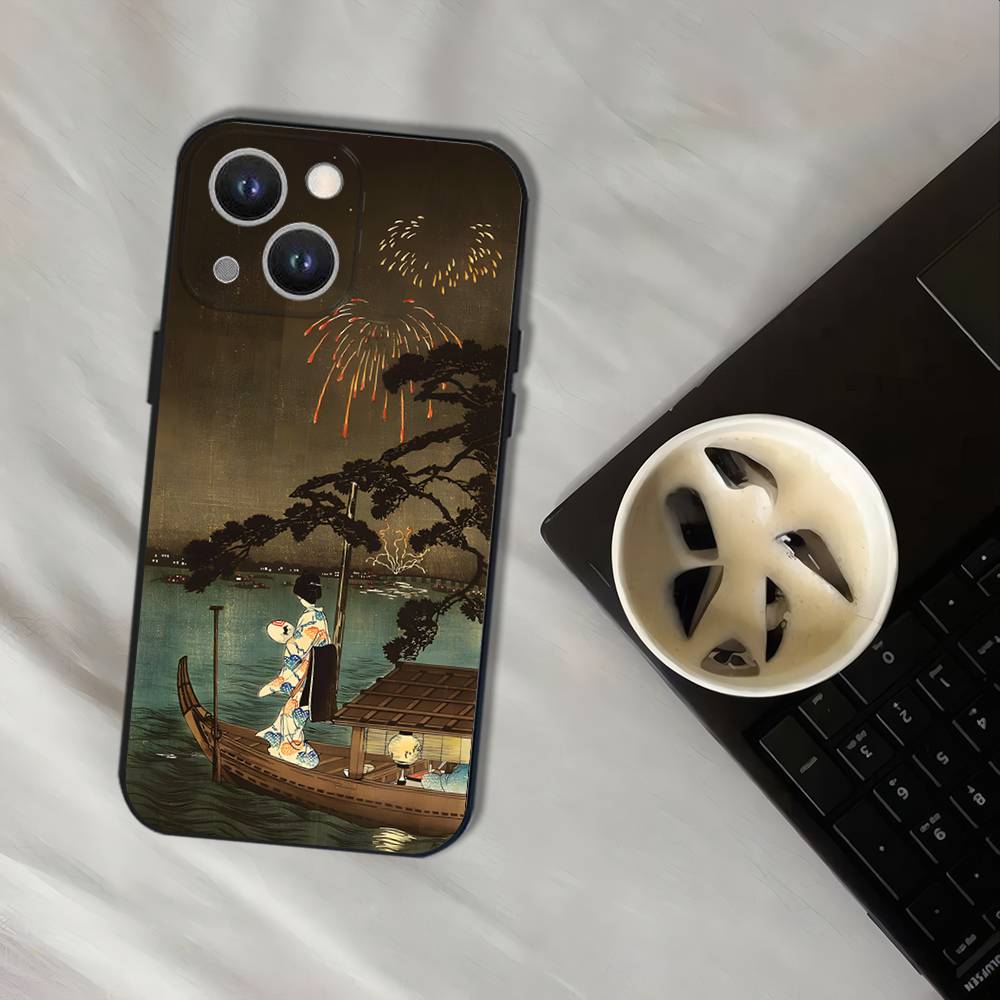 Japan Style Ukiyo-e Phone Case For iPhone 17,16,15,14,13,12,11,Pro,XS,Max,XR,Plus,E,SE4,Mini Black Soft Cover