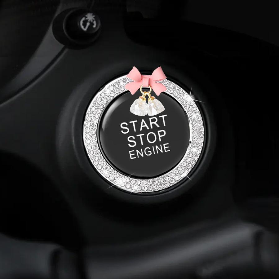 

Cute Bow Bling Car Engine Stop Decoration Ring, 1 PC Crystal Rhinestone Car Button Start Button Cover, Shiny Key Ignition and белый