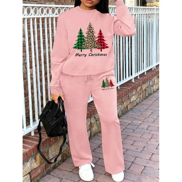 Women's Crewneck Sweatshirt & Drawstring Straight-Leg Pants 2-Piece Set, Printed Women's Outfit, Fall/Winter Sweatshirt Suit