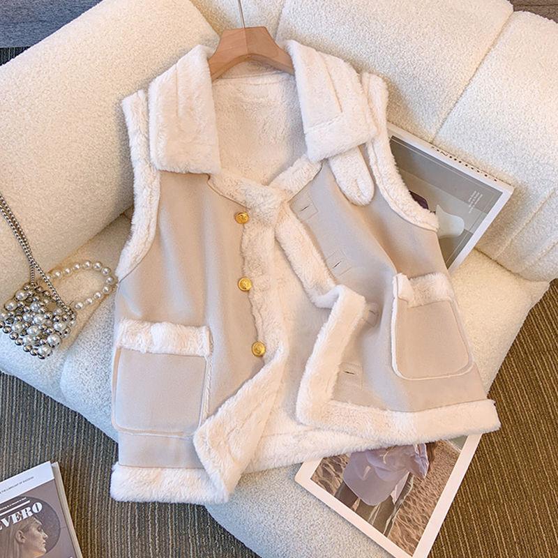 

меховой интегрированный овечий шерстяной жилет локомотив куртка женская одежда осень и зима бархат утолщенный наружный короткий хлопковый жилет M （80-110） бежевый