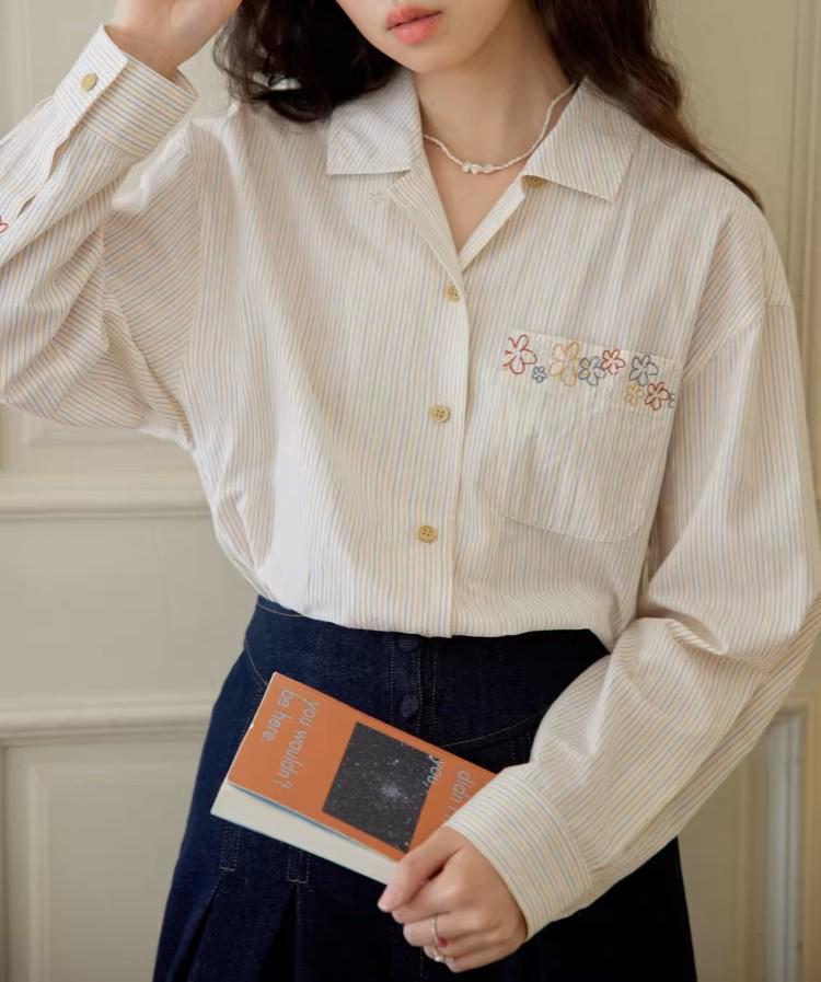 Shiyi Embroidered Floral Striped Long Sleeve Women s Shirt 2026 Small