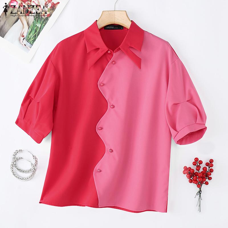 ZANZEA Women Casual Turn Down Collar Loose Summer Short Sleeve Blouse