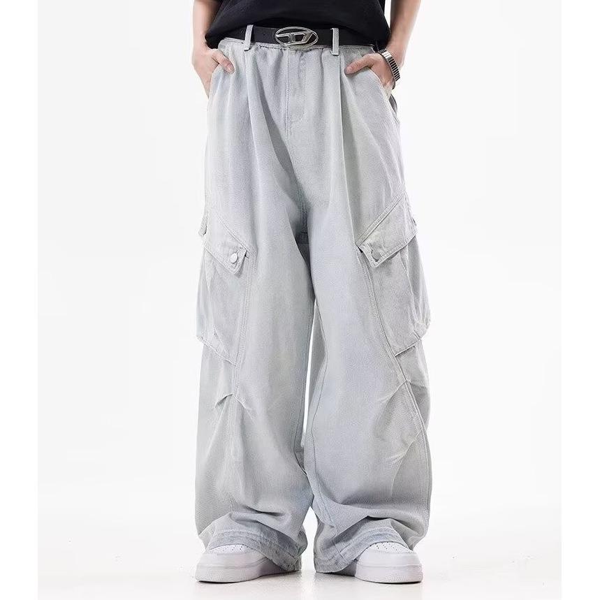 

Унисекс Джинсы в стиле ретро с эффектом потертости, рабочая одежда, с множеством карманов и широким кроем Small светло-синий