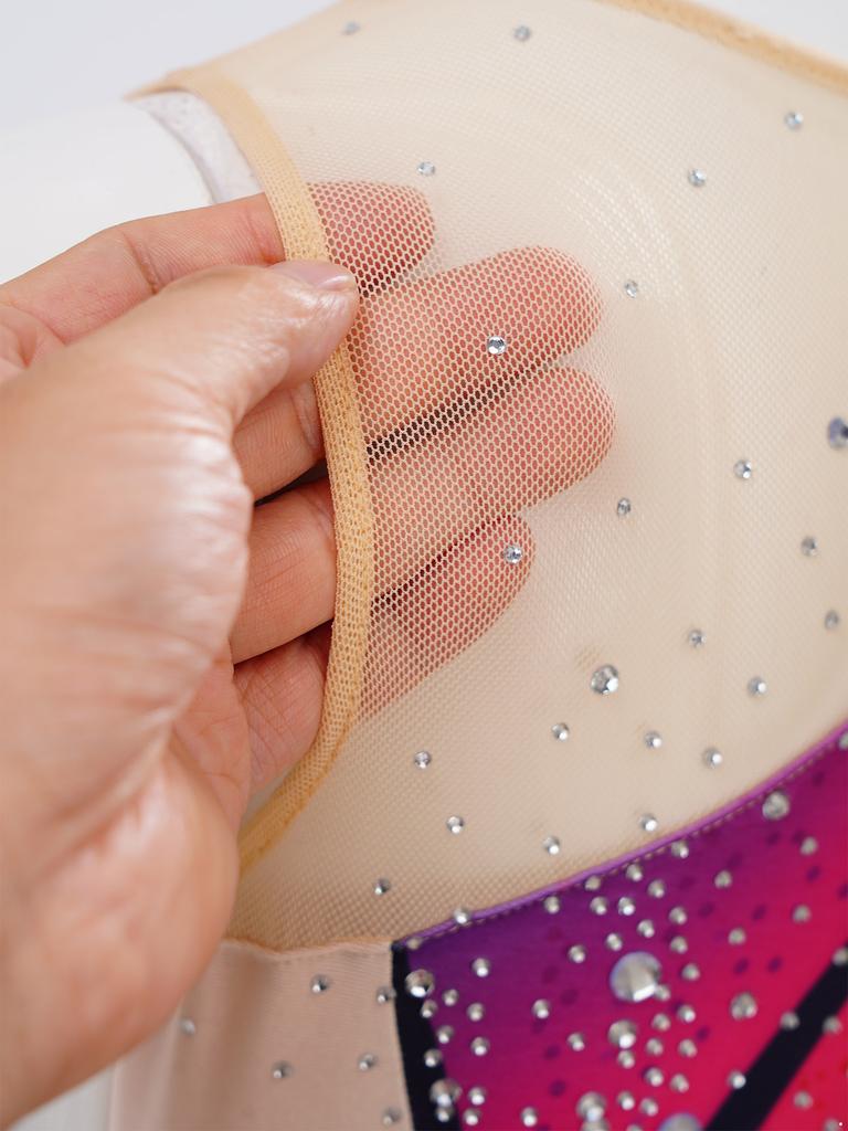 Maillot de ballet pour enfant à manches courtes, bloc de couleurs, strass, body en maille avec fermeture à pression à l'entrejambe pour gymnastique rythmique, spectacle sur scène