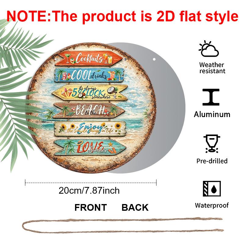 2D Flat, 1pc Round Aluminum Hanging Sign, "Cocktails Cool Drinks 5 O'Clock Somewhere" Tropical Beach Directional Wall Art, Vintage Summer Beach Bar