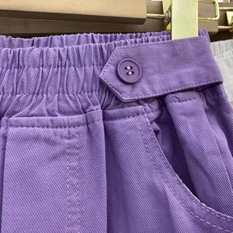 Moda Estiva da Donna Pantaloncini di Jeans a Gamba Larga a Vita Alta Viola Riducono l'Età