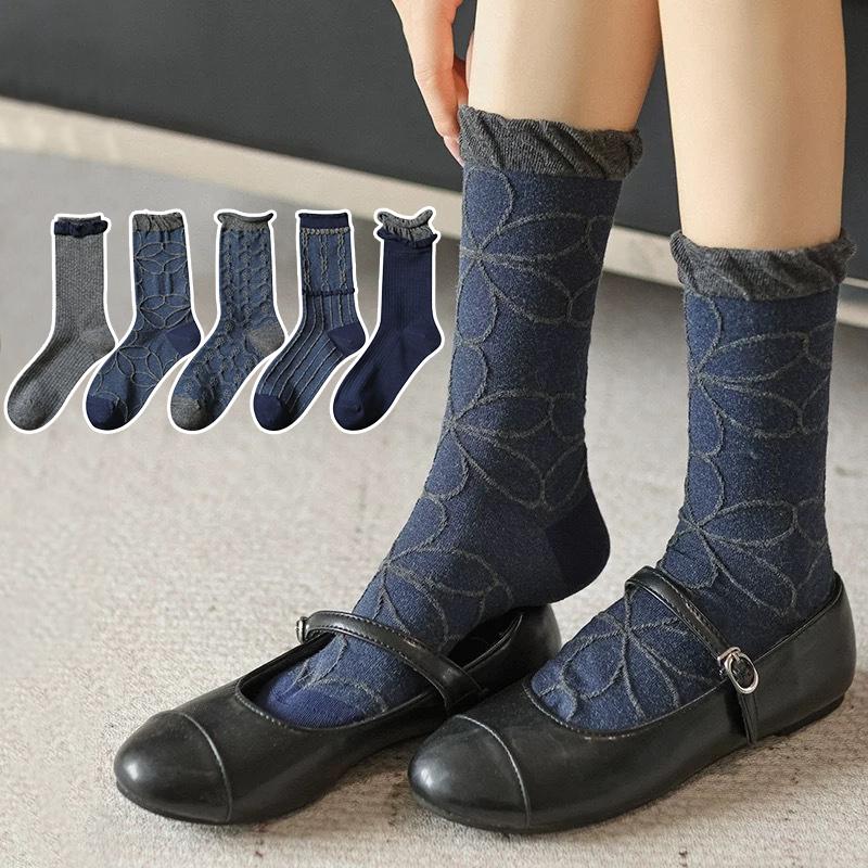1PC Navy Blue Timeless Seamless Well-Made Versatile Comfortable Vintage Soft Mid-Calf Elegant Socks Seam-Free
