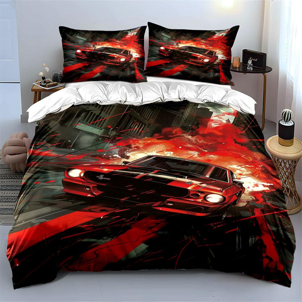 Red Muscle Car with Flames Bedding Duvet Cover Set  (1*Duvet Cover 2*Pillowcases, without duvet insert)