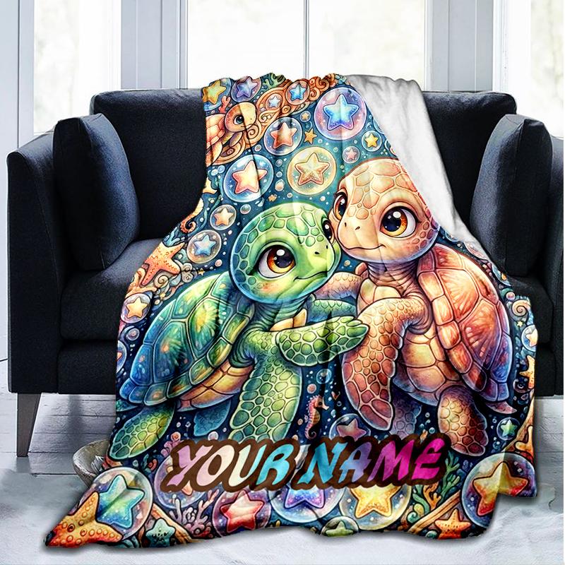 1PC Custom Name Turtle Friends Sea flannel blanket versatile,all-season throw suitable for the living room,bedroom,camping,travel,and gift