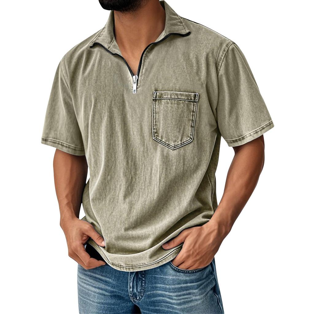 Men's Summer Color Vintage Zipper Pocket Lapel Short Sleeve Shirt Tops