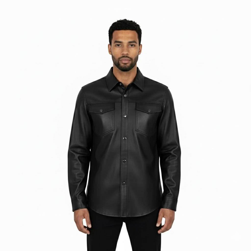 

Men Shirt Handmade Biker Black Stylish Casual Leather Real Lambskin Formal Wear 3XL чёрный