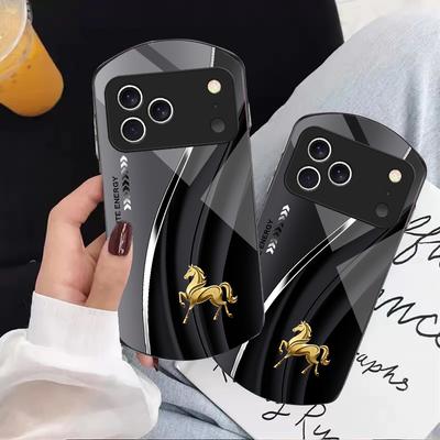 Golden Leaping Steed Good For iPhone 17 Air 16 15 14 Pro 13 Plus 12 Mini 11 Pro Max XR 7 8 Elliptical Tempered Glass Phone Case