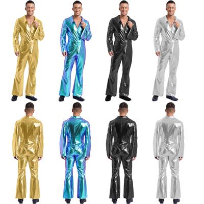 Pánský overal na disco party S-4XL: Lesklý metalický overal se širokými nohavicemi, klopou a zvonovými rukávy, ideální na Halloween a rave party