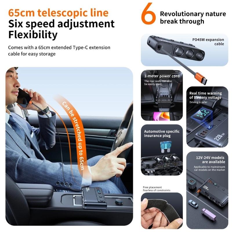 Car Chargers Splitter for Simultaneous Charging 228W Output QC3.0 PD45W with Telescoping USB C Cable LED Battery Monitor