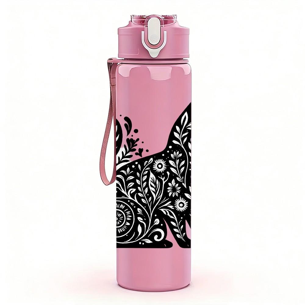 1PC Ornate Floral Black Cat 750ml Color Plastic Sports Water Bottle Leakproof Flip Straw Lid Suitable for Sports Office Home Use