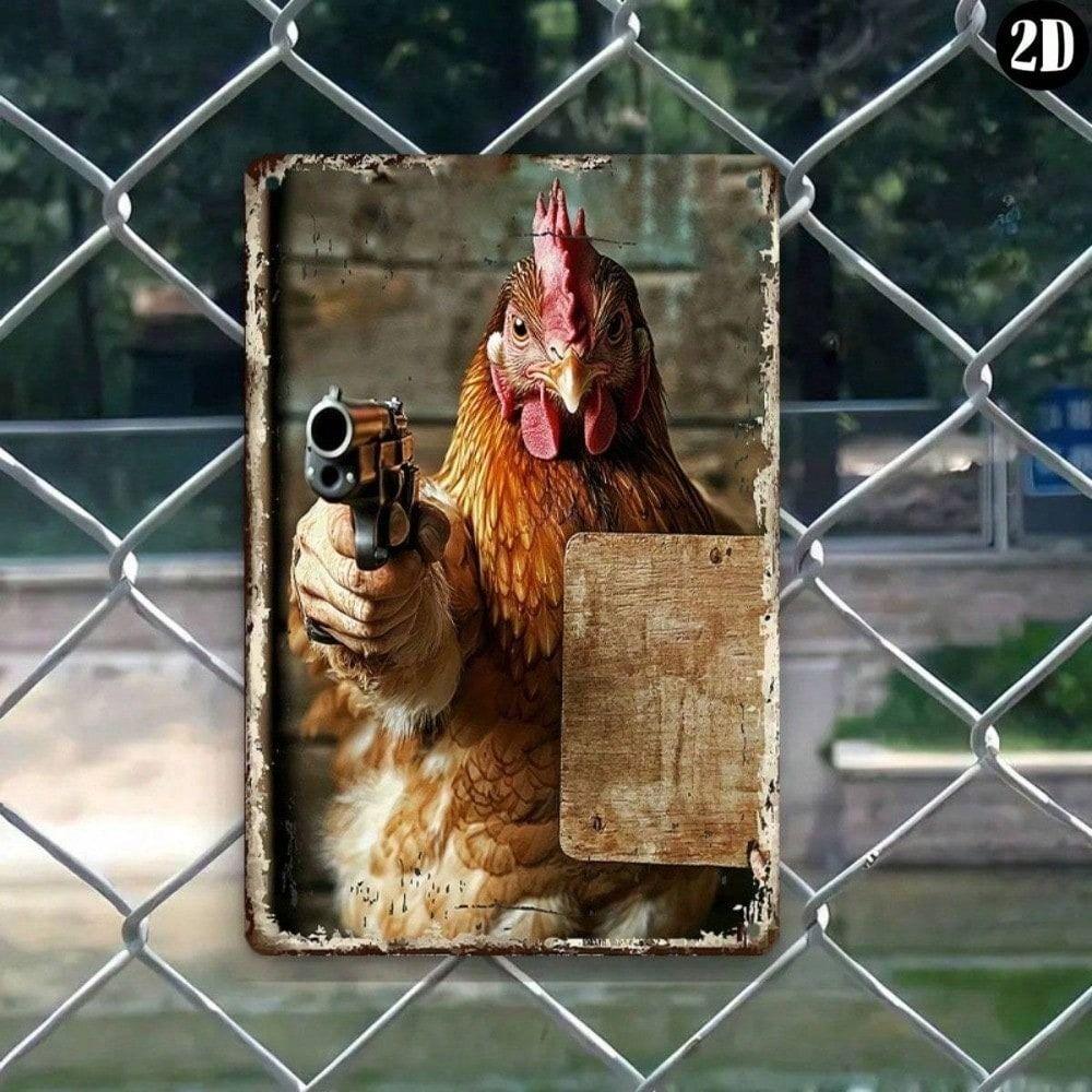 Vintage Metal Poster Rooster With Gun 8x12 inch Bar Wall Art